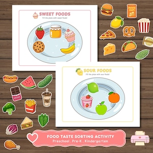 Può includere: Un set di attività di smistamento dei gusti alimentari per bambini con due fogli stampabili dotati di piatti per cibi dolci e aspri. Include vari adesivi alimentari come una fragola, un cupcake, una banana, un lime, yogurt e una mela, insieme a etichette di testo.