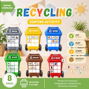 Könnte beinhalten: Eine druckbare Recycling-Sortieraktivität mit sechs farbigen Tonnen, beschriftet mit Metal, Plastic, Paper, Glass, Organic und E-Waste. Jede Tonne hat ein Raster zum Sortieren kleiner Objekt-Icons. Der Text enthält Recycling, Sorting Activity.