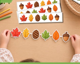 Mustererkennungsspiel mit Herbstblättern, Feinmotorik-Übung für Vorschulkinder im Herbst (PDF zum Ausdrucken), Schnürspiel