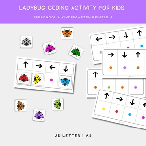 Könnte beinhalten: Ein Coding-Aktivitätsset für Kinder mit Marienkäfer-Motiven. Das Set enthält Karten mit Pfeilen und farbigen Punkten sowie Marienkäfer-Kacheln in verschiedenen Farben. Der Text auf dem Bild lautet "LADYBUG CODING ACTIVITY FOR KIDS" und "PRESCHOOL & KINDERGARTEN PRINTABLE".