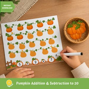 May include: A white educational worksheet featuring rows of orange pumpkin illustrations on green vines. The bottom section displays a math equation with the numbers 5, 2, and 7 inside pumpkin graphics. A small woven basket holds additional pumpkin cutouts.