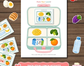 May include: A printable activity sheet titled Pack Your Lunch featuring a light green bento box with four compartments. The box contains illustrations of macaroni, broccoli, a milk carton, and an orange. Includes matching cards and food stickers.