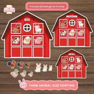 May include: A printable preschool and kindergarten activity set for farm animal size sorting. The set includes three red barn illustrations labeled Big, Medium, and Small, along with various cut-out farm animal figures like roosters, ducks, and rabbits.