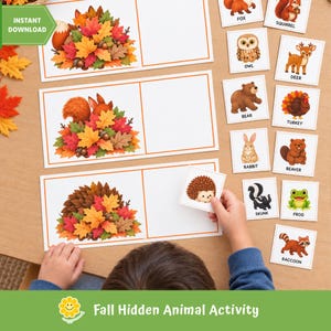 May include: A printable educational activity set featuring three rectangular cards with illustrations of a squirrel, a fox, and a hedgehog hidden in autumn leaves, alongside smaller square cards depicting a fox, squirrel, owl, deer, bear, turkey, rabbit, beaver, skunk, frog, and raccoon.