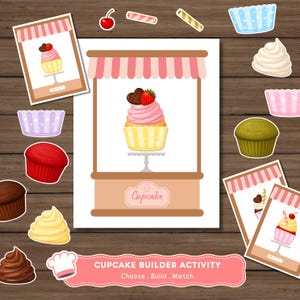 Puede incluir: Un set de actividad para construir cupcakes con una ilustración central de un puesto con toldo de rayas rosas, un cupcake en un soporte y el texto Cupcake. Incluye varios recortes de papel de moldes, glaseado y decoraciones.