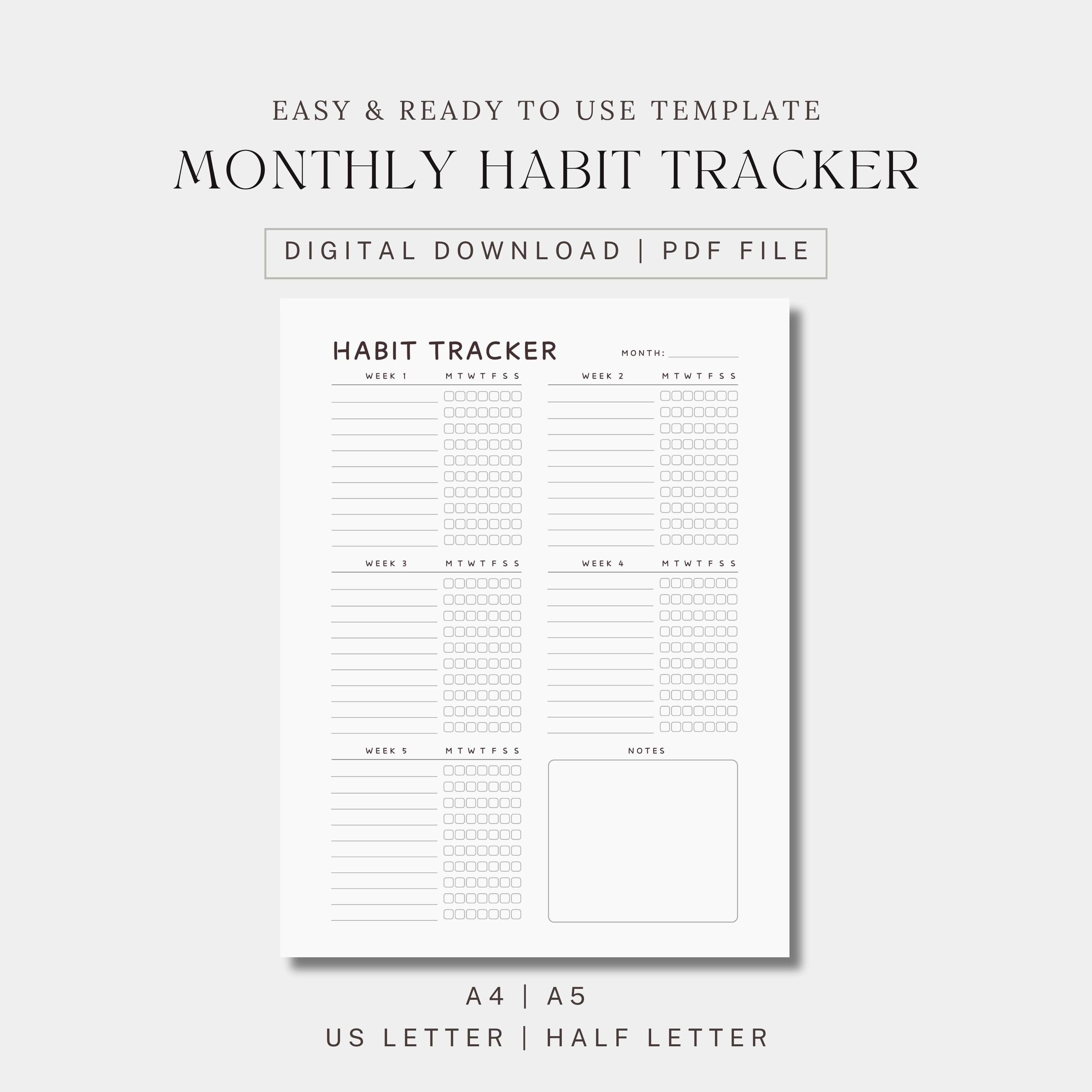 Monthly Habit Tracker Printable | A4 A5 Letter Half Size PDF - Etsy