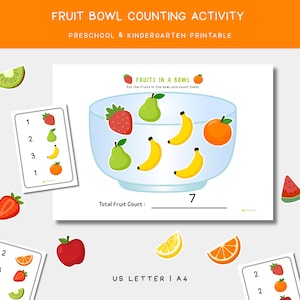 Könnte beinhalten: Ein druckbares Aktivitätsblatt für Vorschule und Kindergarten mit dem Thema Obstschüssel-Zählen. Das Bild zeigt eine Schüssel mit Abbildungen von Früchten, darunter Erdbeeren, Birnen, Bananen und eine Orange. Der Text lautet "FRUITS IN A BOWL" und "Total Fruit Count: 7".