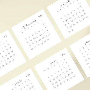 Mini Calendário 2025 - Calendário de Bolso para Imprimir, Design Minimalista de 3 x 3 Polegadas, Início de Domingo e Segunda-feira, Cartão de Planejamento Anual