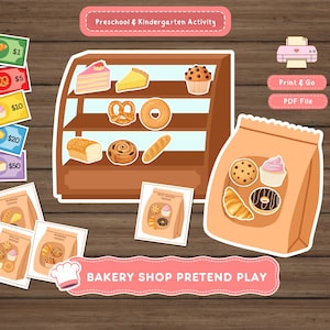 Könnte beinhalten: Ein ausdruckbares Bäckerei-Rollenspiel-Set mit einer braunen Verkaufstheke mit verschiedenen illustrierten Backwaren, Papiertüten, Spielgeld, Bestellkarten und den Texten Preschool & Kindergarten Activity, Print & Go, PDF File sowie BAKERY SHOP PRETEND PLAY.