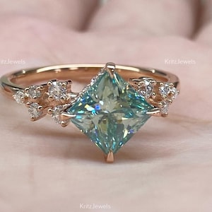 2.50 Ctw Blue Moissanite Princess Ring Halo Diamond Ring Princess Cut Moissanite Ring Cluster Wedding Bridle Ring Anniversary Gift Ring