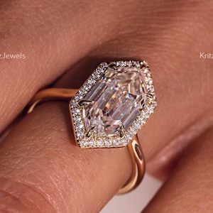 Hexagon Halo Moissanite Ring Hexagon Cut Moissanite Ring 2.50 Ctw Hexagon Moissanite Engagement Ring Yellow Gold Diamond Anniversary Ring