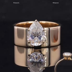 Pear Moissanite Ring 2.00 Ct Pear Cut Moissanite Wedding Ring Cigar Wide Band Engagement Ring Solitaire Diamond Ring Yellow Gold Bridle Ring