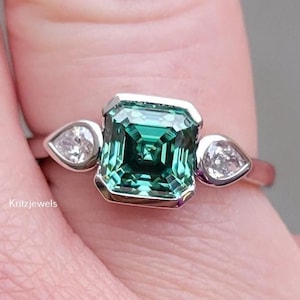 Green Moissanite Ring Three Stone Moissanite Wedding Ring 1.80 Ctw Asscher Cut Moissanite Ring Bezel Set Diamond Asscher Ring Gift For Women