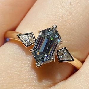 1.75 Ctw Three Stone Engagement Ring Grey Moissanite Ring Hexagon Cut Gray Moissanite Ring Hexagon Moissanite Ring Yellow Gold Diamond Ring