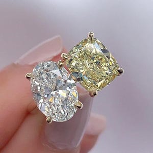 Oval & Cushion Cut Moissanite Ring Two Stone Wedding Ring 3.50 Ct Yellow Moissanite Cushion Ring Toi Et Moi Engagement Diamond Women Ring