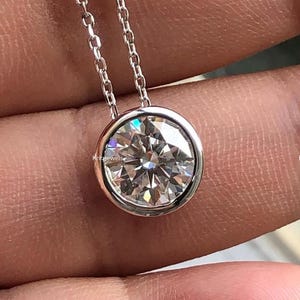 2.00 Ct Round Cut Moissanite Necklace Bezel Set Moissanite Necklace Solitaire Moissanite Wedding Necklace Yellow Gold Diamond Necklace Women