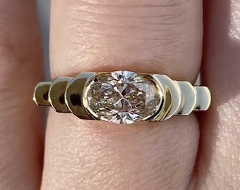 Champagne Moissanite Oval Engagement Ring, 1.50 Ct Bezel Set