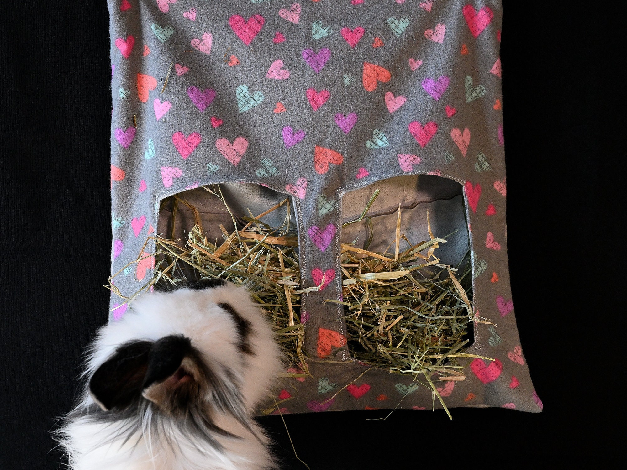 Beueyfr Rabbit Hay Feeder Bag, Guinea Pig Hay Feeder Holder,Black Hanging Feeding Hay For Small Animals 600D Oxford Cloth Fabric