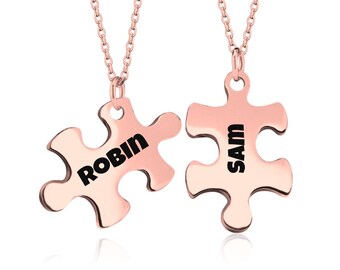 Engraved Puzzle Piece Necklace Set: Stainless Steel Matching Pendants