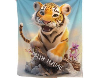 Personalized Tiger Blanket Soft: Wild Animal Jungle Theme Flannel Fleece Throw