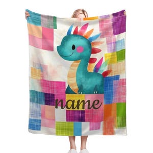Personalised Dragon Dinosaur Blanket for Kids – Custom Name, Colourful Patchwork Design Soft Throw for Boys & Girls – Soft Gift for Children