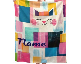 Personalisierte Katzendecke: Warmes, verspieltes Kätzchen Patchwork Fleece Überwurf, Miau, super weiches Namensgeschenk