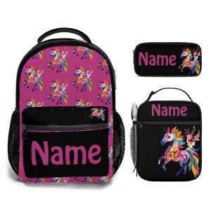 Lot de 3 - Cartable indispensable pour l'école pour enfants personnalisé - Sac à lunch isotherme pour étudiant personnalisé et pochette pour stylo avec nom - Durable, imperméable
