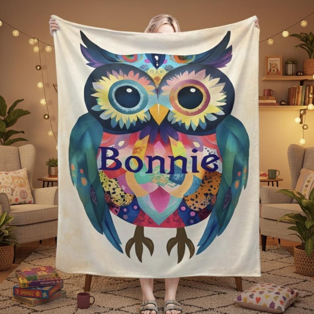 Personalized Owl Blanket: Romantic Flannel Fleece Throw, Custom Name Gift Colourful Bird