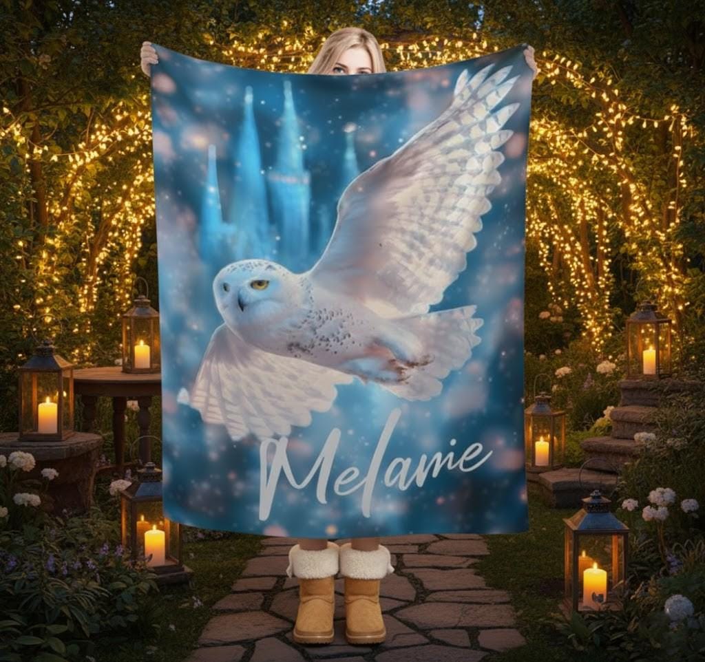Personalized Wizarding Owl Blanket: Harry Potter Theme, Custom Flannel Fleece Name Throw
