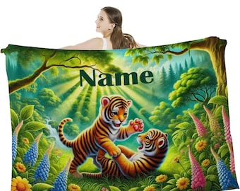 Personalized Tiger Blanket: Enchanted Forest Jungle Adventure Throw, Soft Flannel Fleece Throw
