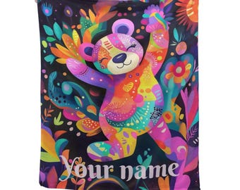 Personalized Patchwork Teddy Bear Blanket, Maximalist Play Haus Decor, Vibrant Custom Name Throw
