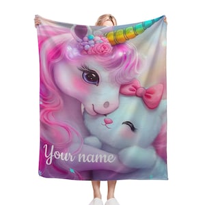 Personalized Unicorn & Kitty Blanket: Custom Name Soft Throw