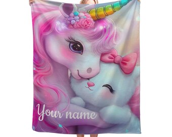 Personalized Unicorn & Kitty Plush Blanket, Custom Name Soft Flannel Fleece Throw