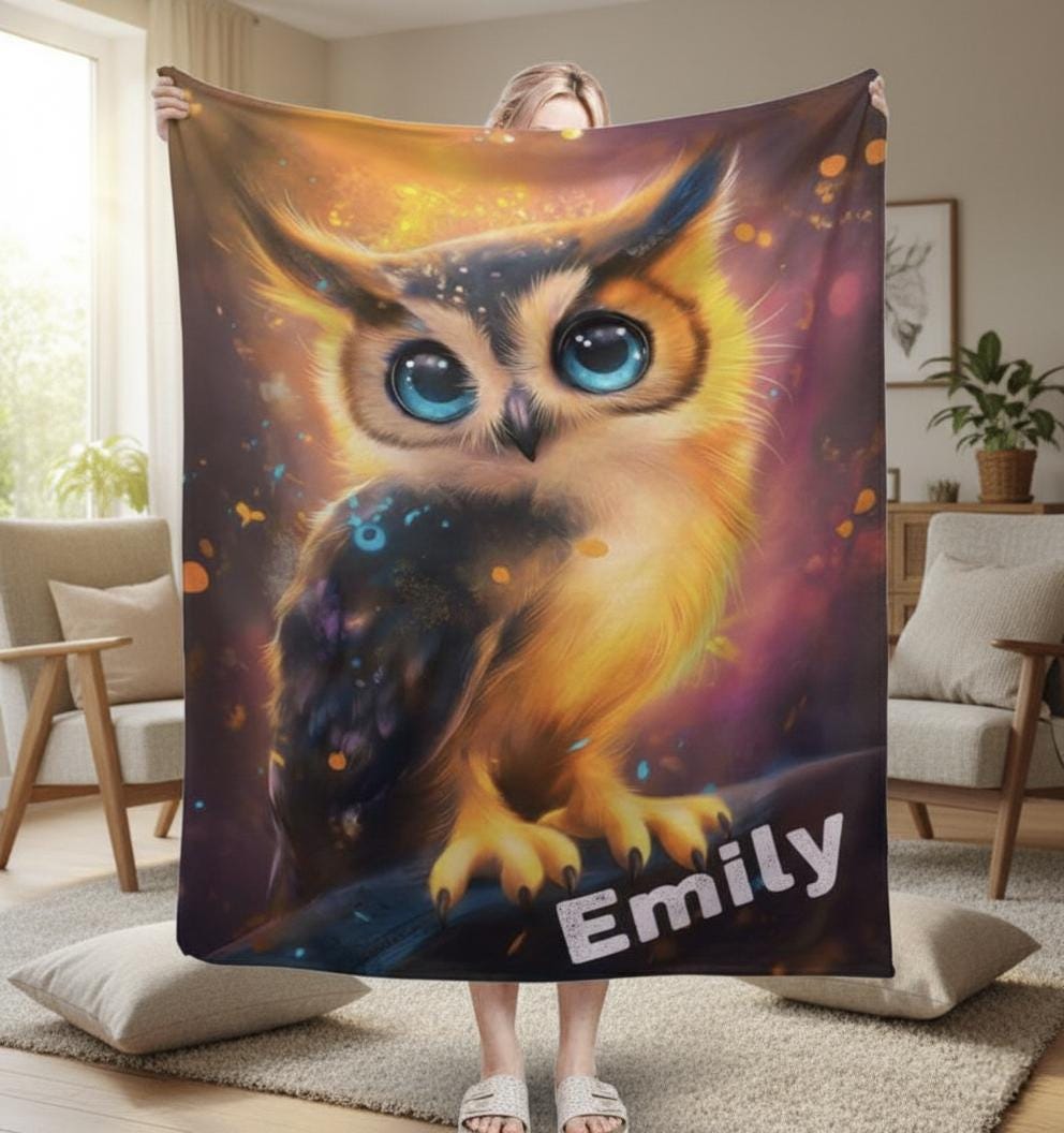 Personalized Cosmic Owl Spirit Animal Blanket, Mystical Ethereal Custom Name, Whimsical New Age Tote