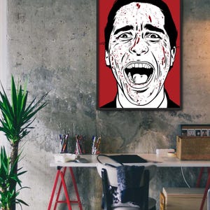 Poster di Patrick Bateman — Stampa artistica di American Psycho / Ritratto di un urlatore schizzato di sangue / Regalo per lui da parete in bianco, nero e rosso