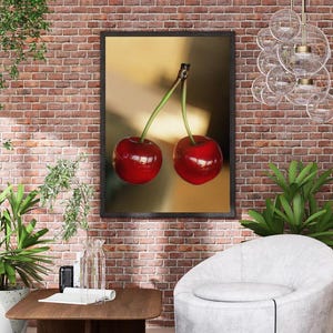 Drijvende kersen poster | 3D kersenbloesem kunst aan de muur | Vrouwelijk esthetisch kamerdecor | Leuk op cocktails geïnspireerd kunstwerk | Modieus rozerood