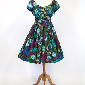 Vintage 1950s Henry Rosenfeld Floral Full Skirt Dress with Rhinestone Buttons & Belt