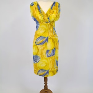 Vintage 1960s Young Elegante California Lemon Yellow Print Wiggle Dress