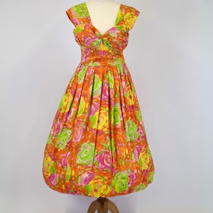 Vintage 1950s Tina Leser Neon Floral Cocktail Dress with Full Skirt