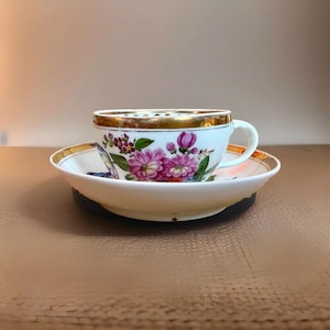 Antique Popov Russian Hand Painted Tea Cup & Saucer Early 1800s