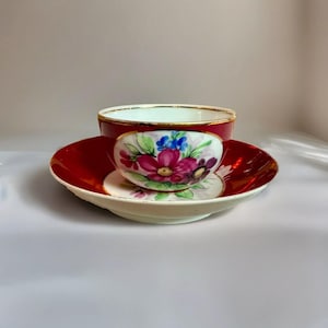 Antique Gardner Imperial Russian Ruby Colour Hand Painted Porcelain Cup & Saucer