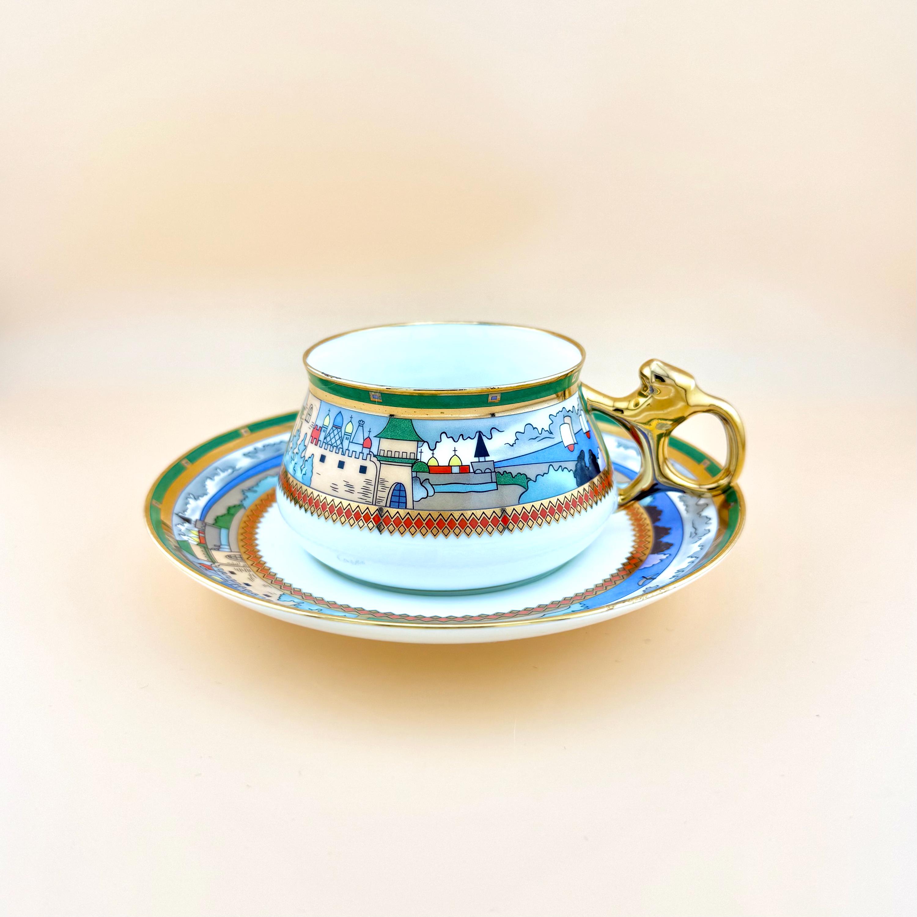 Teetasse & Untertasse Lomonosov BILIBIN Kremlin Gold Griff Russland 1744