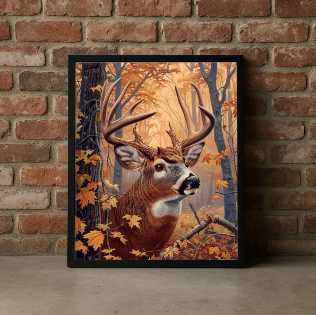 Rustic Autumn Deer Digital Art Print | Whitetail Buck in Fall Forest ...