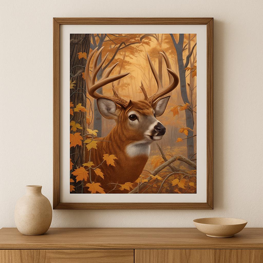 Rustic Autumn Deer Digital Art Print | Whitetail Buck in Fall Forest ...