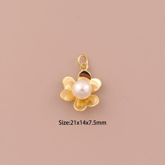 18K Gold Flower Charms,Pearl Minimalist Charms Pendants,Flower Charm for DIY Jewelry Making Supply