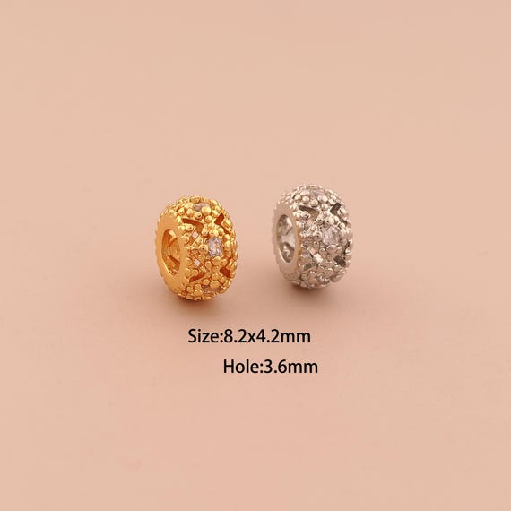 18K Gold Round Spacer Bead,CZ Pave Large Hole Bead,Tube Bead for DIY Jewelry Making Supply
