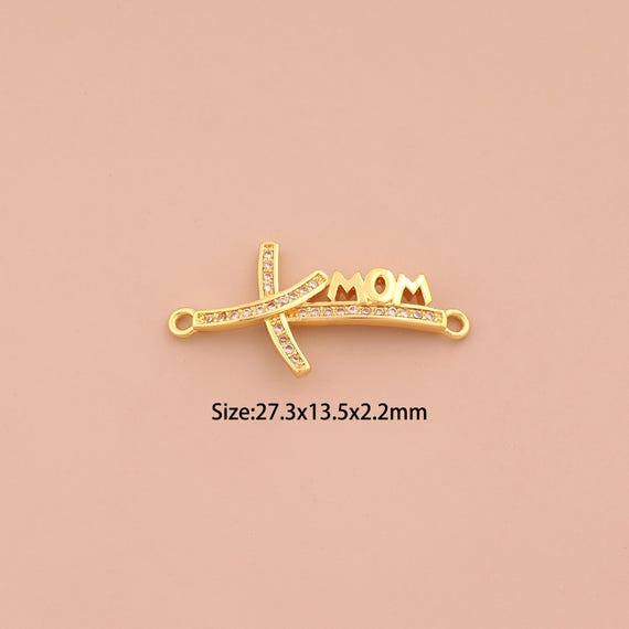 18K Gold MOM Connector,CZ Pave Letter Connector Charms,Mom Connector for DIY Jewelry Making Supply