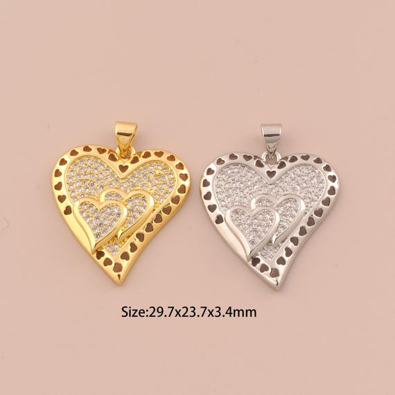 18K Gold Heart Charms,CZ Pave Heart Charms Pendants,Heart Charm for DIY Jewelry Making Supply
