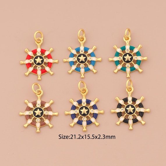 18K Gold Steering Wheel Charms,CZ Pave Star Charms Pendants,Enamel Steering Wheel Charm for DIY Jewelry Making Supply