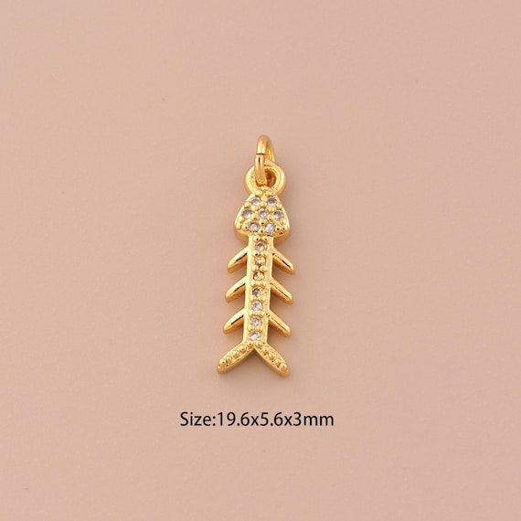 18K Gold Fishbone Charms,CZ Pave Minimalist Charms Pendants,Fishbone Charm for DIY Jewelry Making Supply